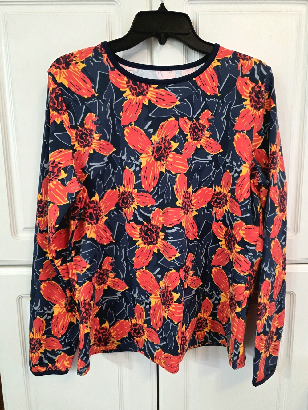 Hang Ten UV Protection Sun Shirt Navy Red-Orange Floral Print -Size Large -NWT